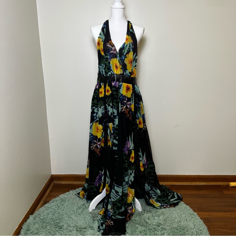 TOV Los Angeles Floral Maxi Dress with Faux Leather Detail - Size 44 - Picture 2 of 11